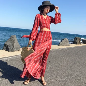 

Summer Chiffon 2 PCS Pant Suits Women Red Striped Print Sexy Backless Bow Short Tops + High Waist Split Wide-Leg Trouser Suits
