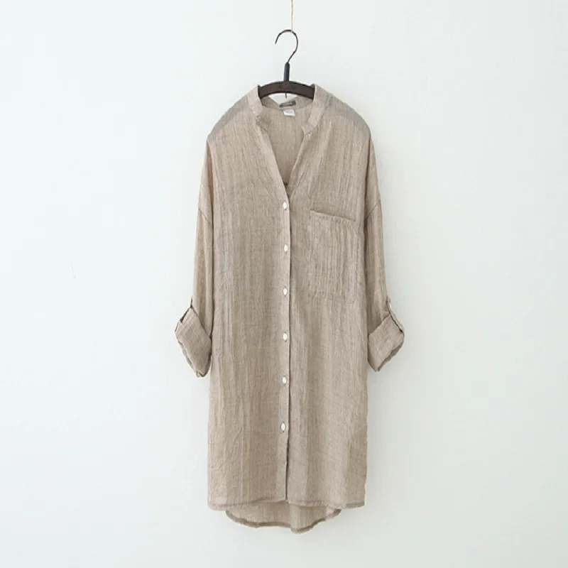 

Three Quarter sleeve Loose Casual Women Blouse Shirt Solid Green Spring Autumn Shirts Blouses Cotton Linen Button Cute Tops