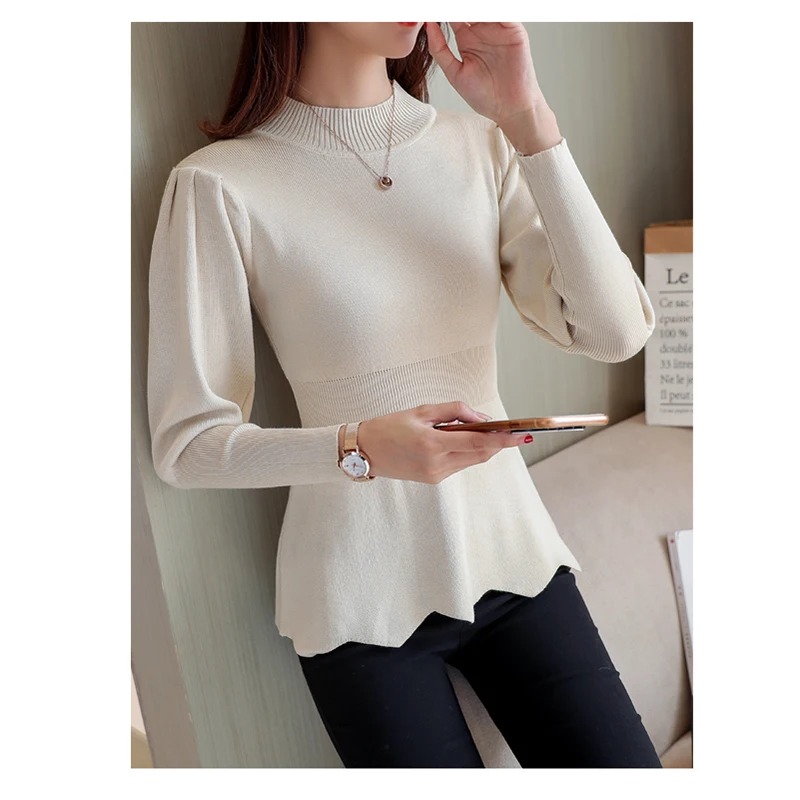 2018 New Winter Long Sleeve Pullovers Sweater Slim Women's Half-High Collar Fluffy Sleeves Sweaters Blouse Ladies Blue jumpers