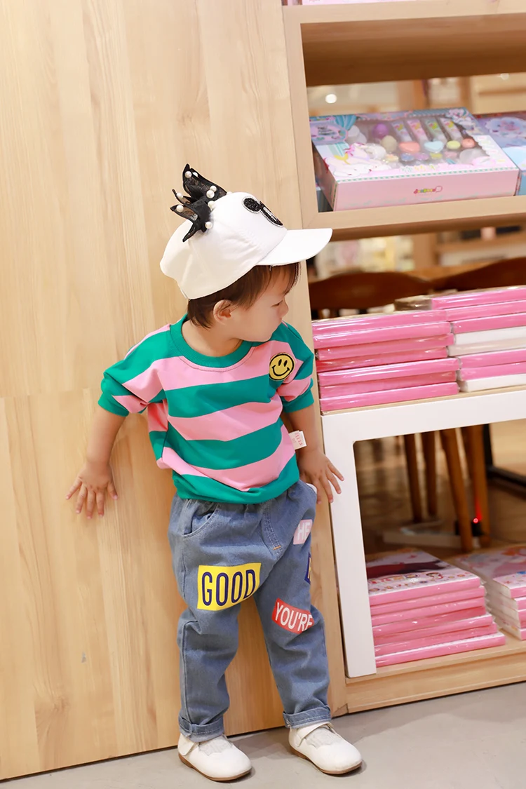 HYLKIDHUOSE/комплекты одежды для маленьких мальчиков и девочек футболка в полоску со смайликом и джинсы повседневные комплекты одежды для малышей Детские комплекты одежды