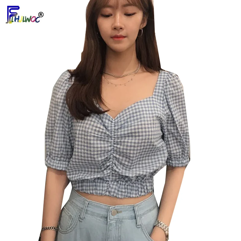 

Cute Sweet Short Tops Woman Summer Star Show Style Design V Neck Blue Plaid Shirt Blouse Short 6627