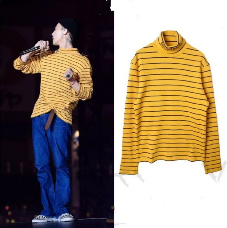 

New KPOP Bigbang GD G-Dragon The Same yellow stripy pullover Hoodie Unisex Sweatershirt turtleneck korean clothes