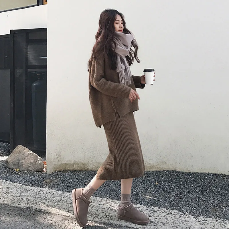

Women two piece suit 2018 new winter sluggish wind sweater skirt sets of temperament thickening net red suit retro loose dress