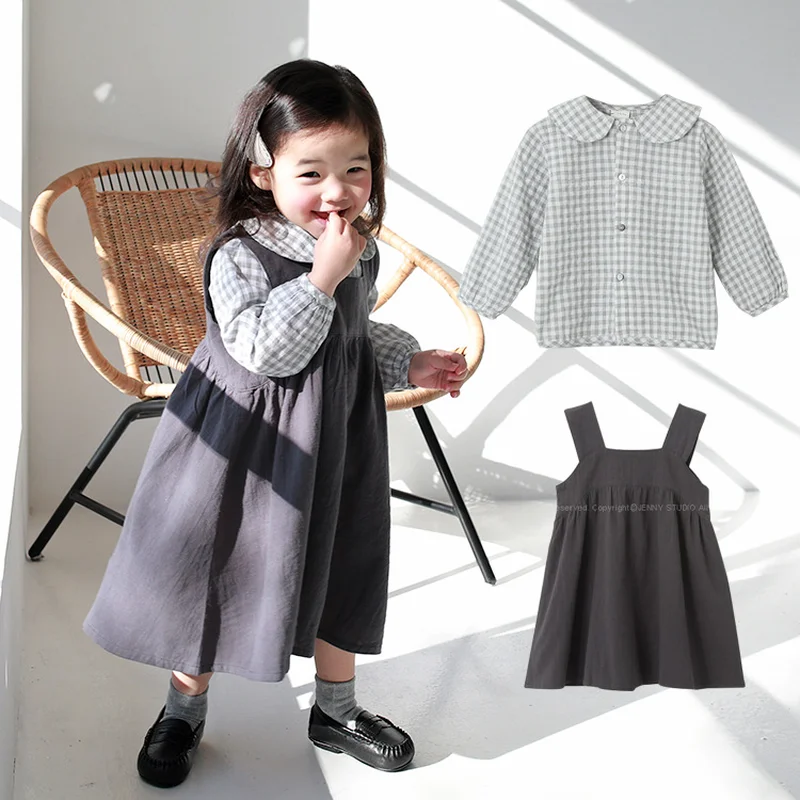 

Brand Girls Set 2019 Spring Baby Plaid Set Korean Children Toddler Trend Girls Suit Skirt Retro Infant Shirt + Sundress,#3788