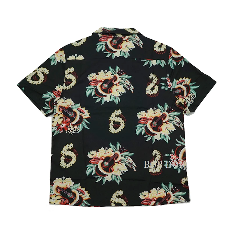 BOB DONG Steampunk Guitar Floral Print Casual Hawaiian Shirts Reggae Aloha Black 2
