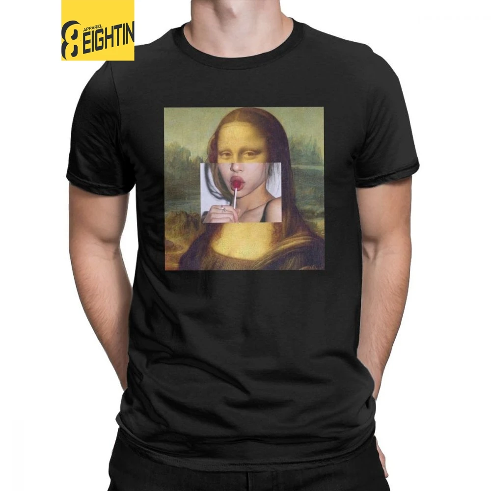 

Gioconda Mona Lisa T-Shirt Men Lollipop Lips Selfie Artist Retro T Shirts Vintage Cotton Short Sleeved Tee Shirt New Tops