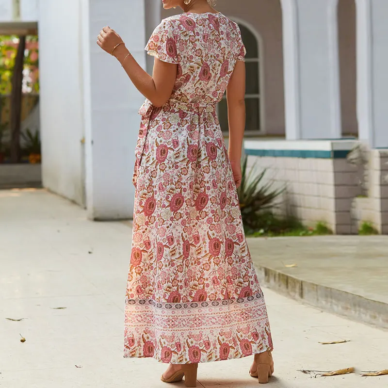 Летнее Длинное Платье в стиле бохо, женские Макси Вечерние Платья, облегающее платье с v-образным вырезом, пляжные платья в цветочек, платье в пол с коротким рукавом и цветочным рисунком