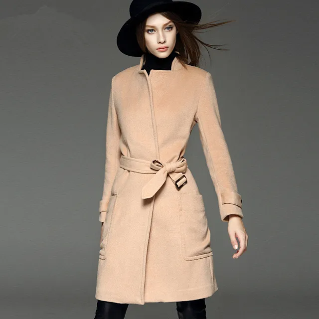 Style simple Trench avec ceinture femme classique manteau de laine de chameau lâche Type cachemire pardessus