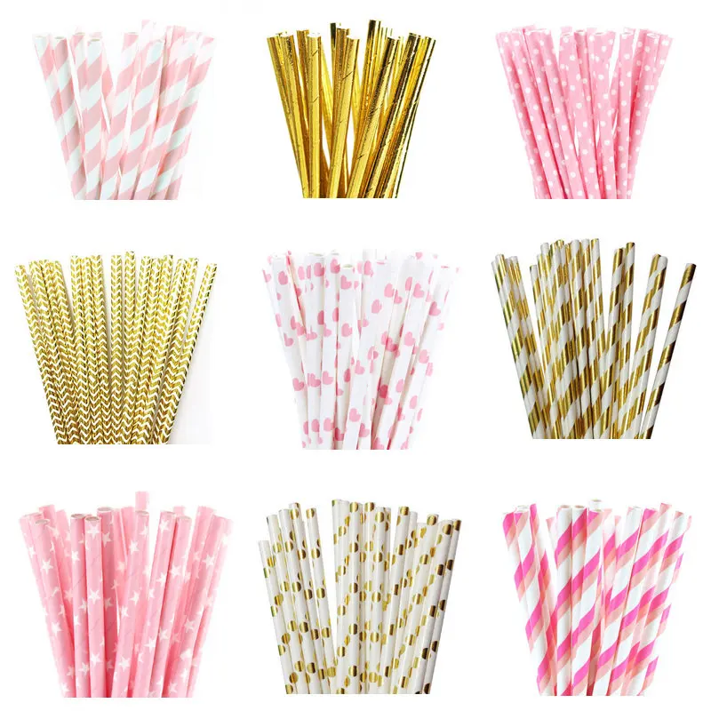

25pcs Foil Gold Light Pink Color Paper Straws For Birthday Wedding Decorative Event Party Supplies Environmental Drinking Straws