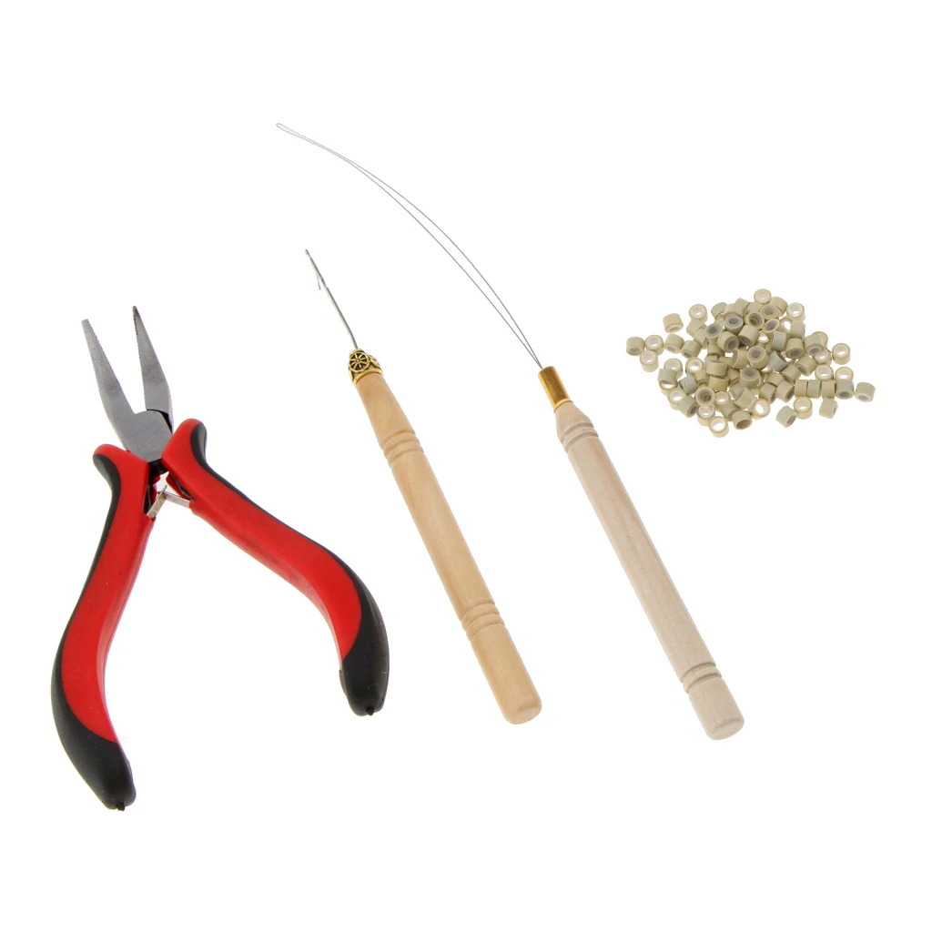 Professional Hair Extensions Pliers Hook Tool Kit  with 100pcs Silicone Micro Rings Loop 3mm