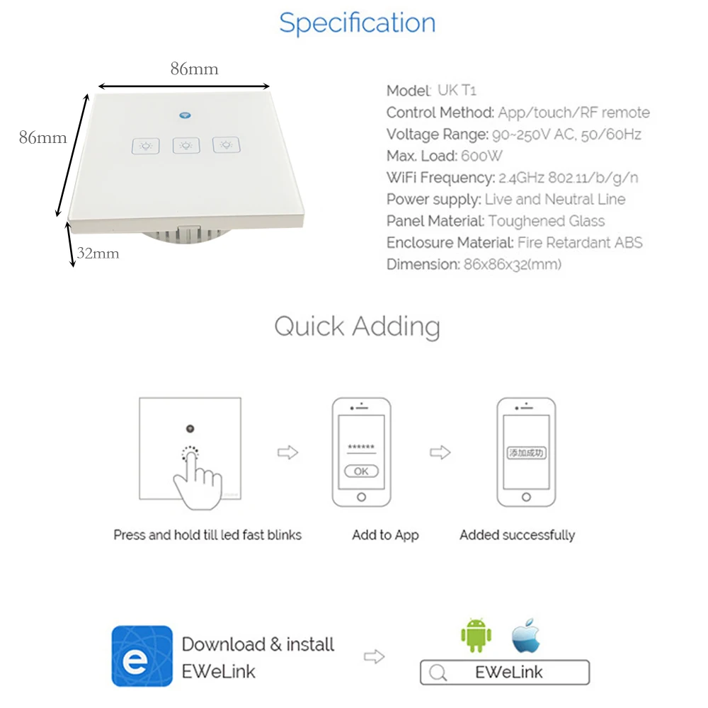 T1 умный переключатель 1/2/3 ЕС Wi-Fi RF 86 Тип Смарт настенный сенсорный выключатель света Модуль Автоматизации "умный дом удаленный Управление