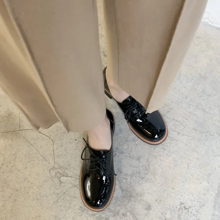 Stil Oxfords Retro Oxford Britischen Frühling 2019 Up Schuhe Schwarzes Spitze Frauen Brogue Leder Weichen Wohnungen Casual dSFF4q8xw
