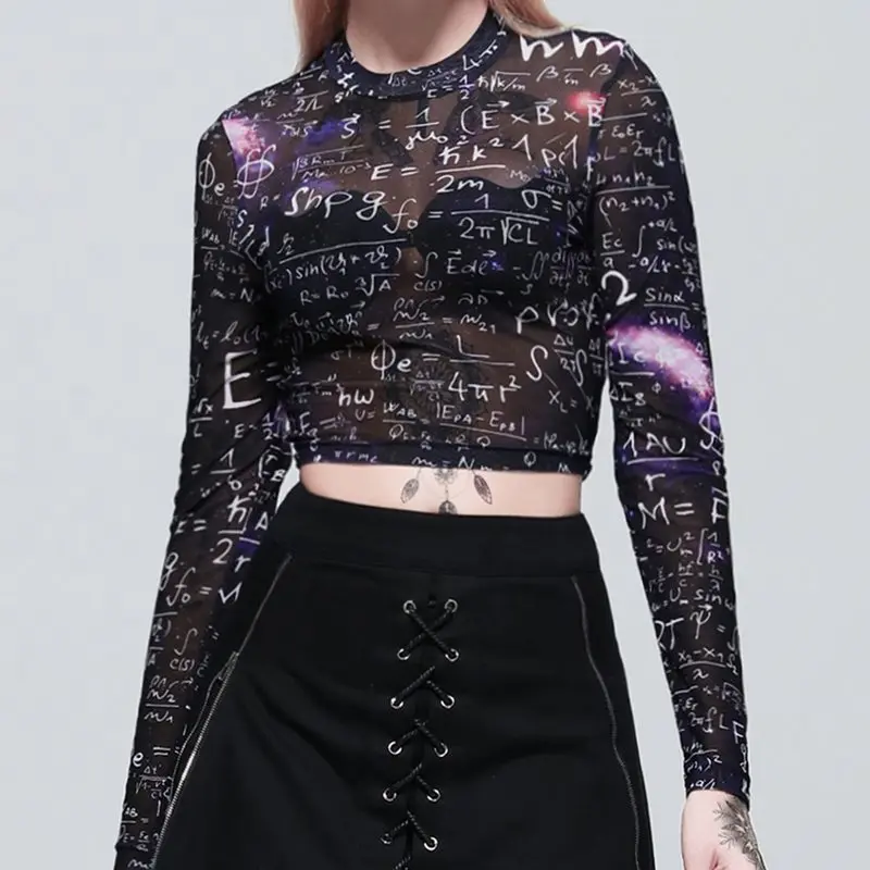 

Mesh Top Harajuku Letter Print Tshirt Women Transparent Tops Long Sleeve Cropped T Shirt Hipster Summer Streetwear Gothic Tees