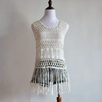 

Korean Tumblr Real 2019 Polyester Cotton Sleeveless O-neck Long Solid New Style Women Beaded Hook Flower Openwork Tassel Top