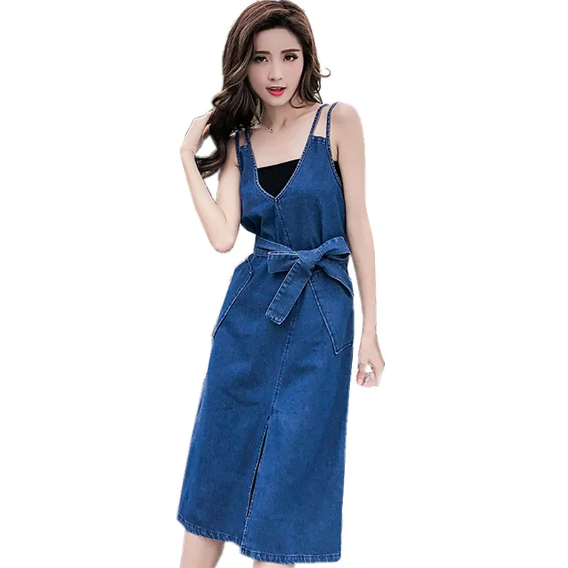 

Spaghetti Strap Denim Dress Women 2018 Spring Summer Long Dress Front Slit Sashes Bow Lace Up Waisted V Neck Jeans Dress robe