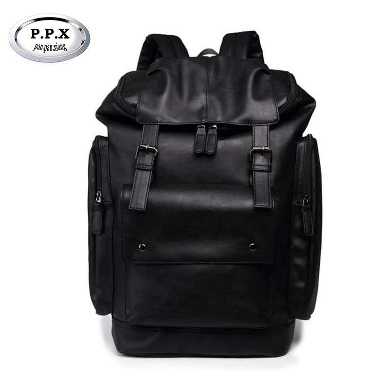 Korean Style PU Leather Men Black 15 inches Backpack Fashion Male
