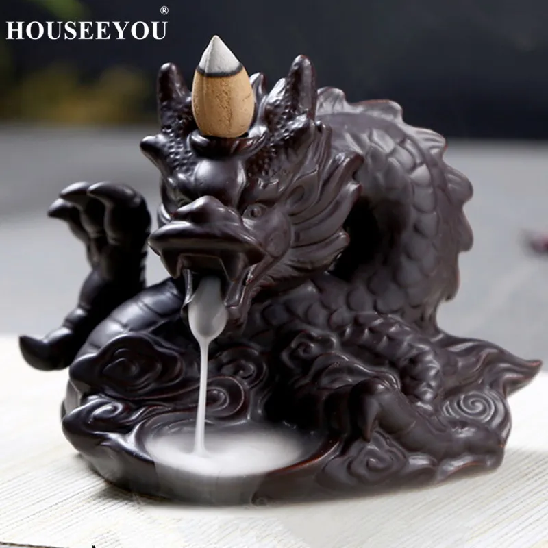 

HOUSEEYOU Traditional Chinese Dragon Incense Holder Porcelain Backflow Incense Burner Smoke View Cool Incense Burners