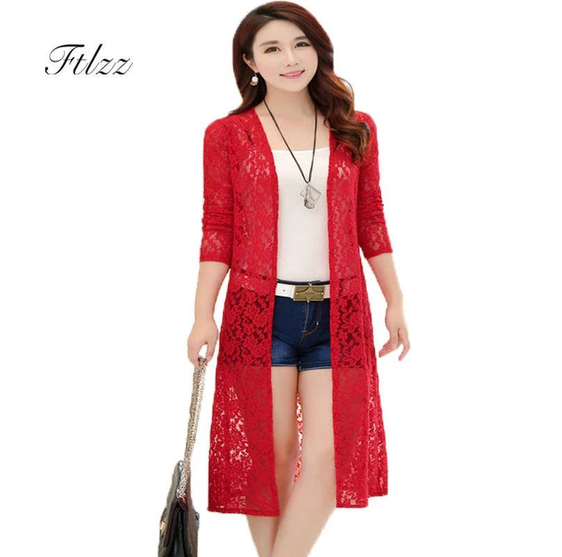 Damen Cardigan Trench Sommer Mantel Kleid Spitze Lang S M L XL Rot Weiß Schwarz