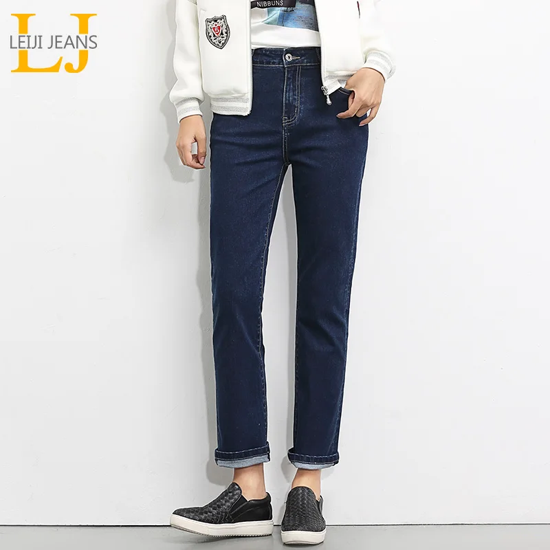 Женские джинсы стрейч LEIJIJEANS однотонные синие прямые свободные полной длины из