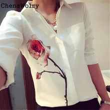 ChenaWolry 1 шт. привлекательная роскошная женская модная женская блузка с длинными рукавами и цветочным принтом розы шифоновые рубашки с отложным воротником O 28