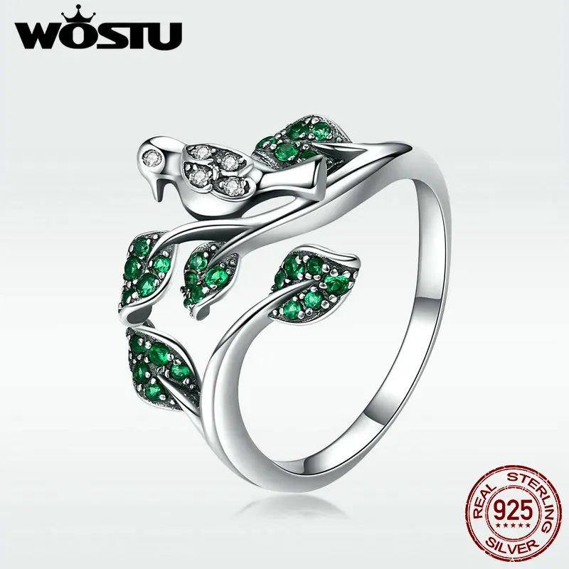 

WOSTU Pure 925 Sterling Silver Spring Bird and Tree Luxury Green CZ Finger Open Rings for Women Fashion Silver Jewelry DAR009