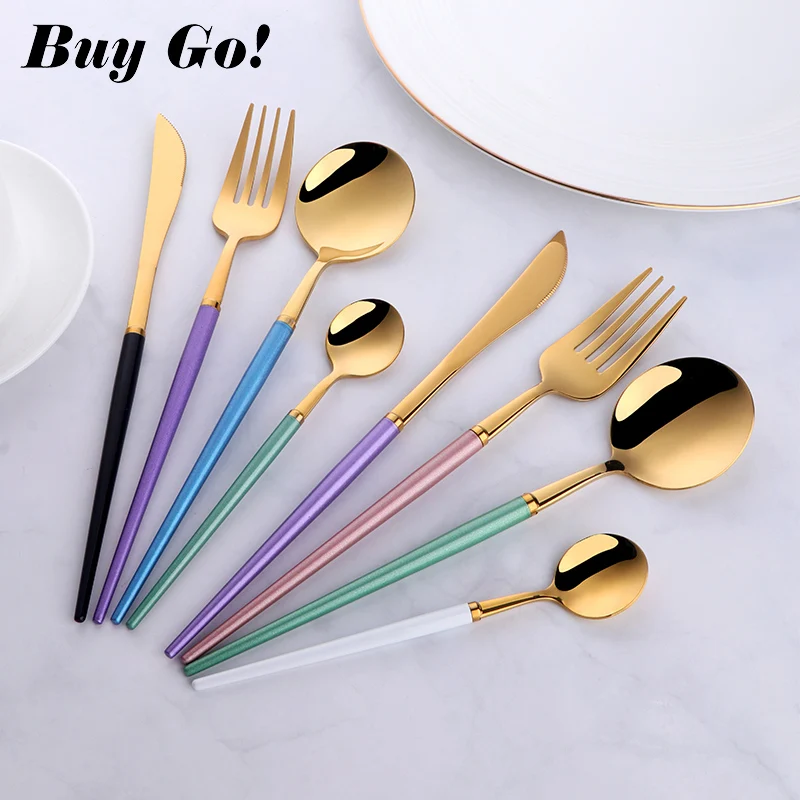 

4PCS Plastics Handle Black Gold Flatware Set 18/10 Stainless Steel Cutlery Set Knife Fork Tableware Set Silverware Drop Shipping