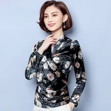 Осень, велюровые Футболки с длинным рукавом и v-образным вырезом, женские модные бархатные пуловеры с цветочным принтом, женские осенние топы с цветочным принтом