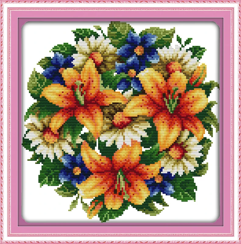 All flowers bloom together lily cross stitch kits white 11ct print on canvas embroidery set