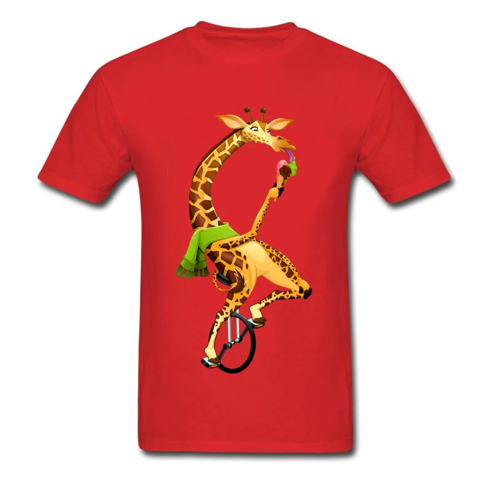 Men Fashion Tops Shirts Crew Neck Labor Day 100% Cotton Tshirts cosie Short Sleeve Funny giraffe on an unicycle Clothing Shirt Funny giraffe on an unicycle red