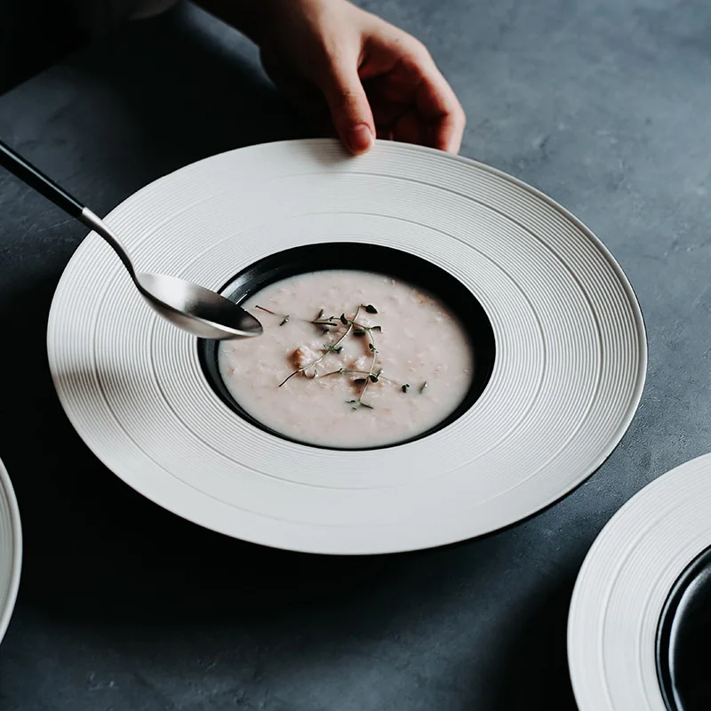 Черно-белая емкость для трубочек круглая посуда для пасты рисунок Западный поднос для еды креативная керамическая посуда бытовые принадлежности для приготовления обеда 1 шт