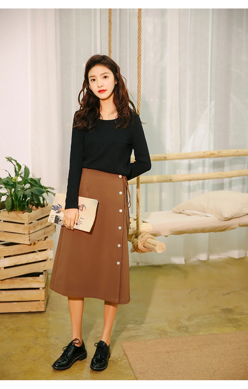 Корейская стильная уличная Летняя женская юбка средней длины с несколькими пуговицами, консервативный стиль, высокая талия, карамельный цвет, Женская юбка