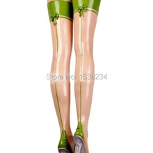 Прозрачный с зеленый отделка Длинные латексные чулки с бантом на спине резиновые сапоги до бедра, Чулки с эластичным бортом