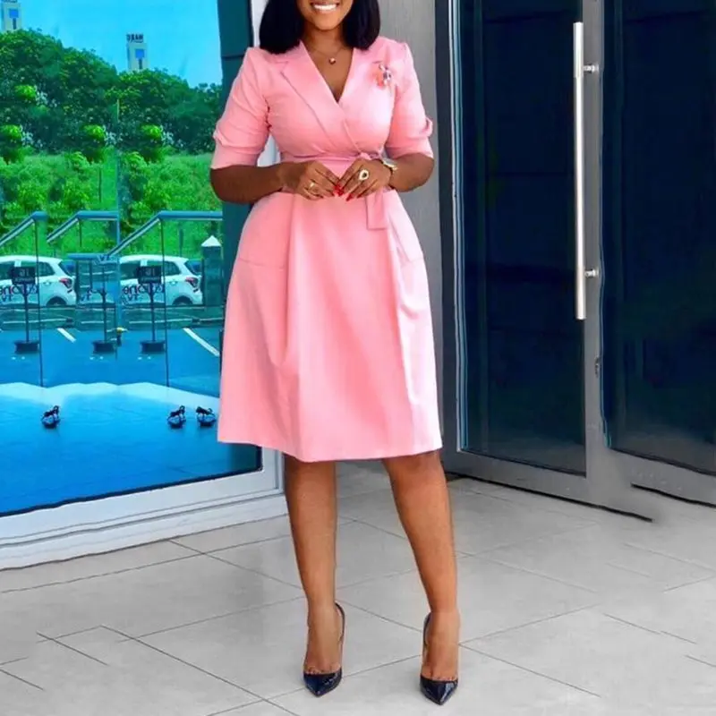 

Summer Vintage Elegant Pink Sweet African Plus Size Party Women Notched Lapel Plain Lace Up High Waist Office Ladies Retro Dress