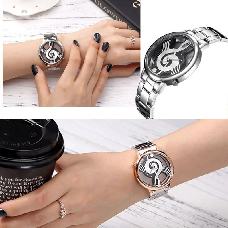 

New Fashion Hollow Music Note Notation Watch Stainless Steel Quartz Wristwatch For Men Women Silver gold Mesh Watches feminino