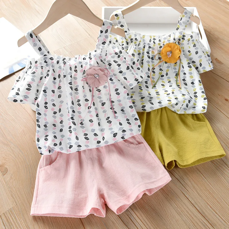 

Hot Sale Kids Girls Summer Clothing Set Fashion Cotton One Shoulder Shirt+Shorts 2PCS Little Girls Casual Clothes suit