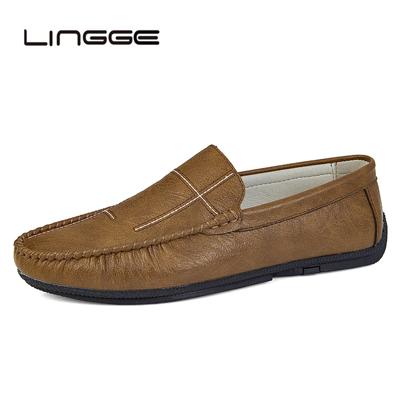 

LINGGE 2019 New Fashion Leisure Cow Split Leather Men Flat Shoes Moccasins Men Loafers Driving Shoes Fashion Casual Boat Shoes