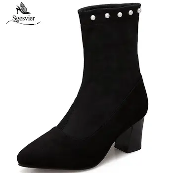 

Sgesvier Women Shoes Ankle Boots Fashion Lycra+Flock Thick High Heel Pointed Toe Sock Boots Winter Women Boots Size 31-52 OX894