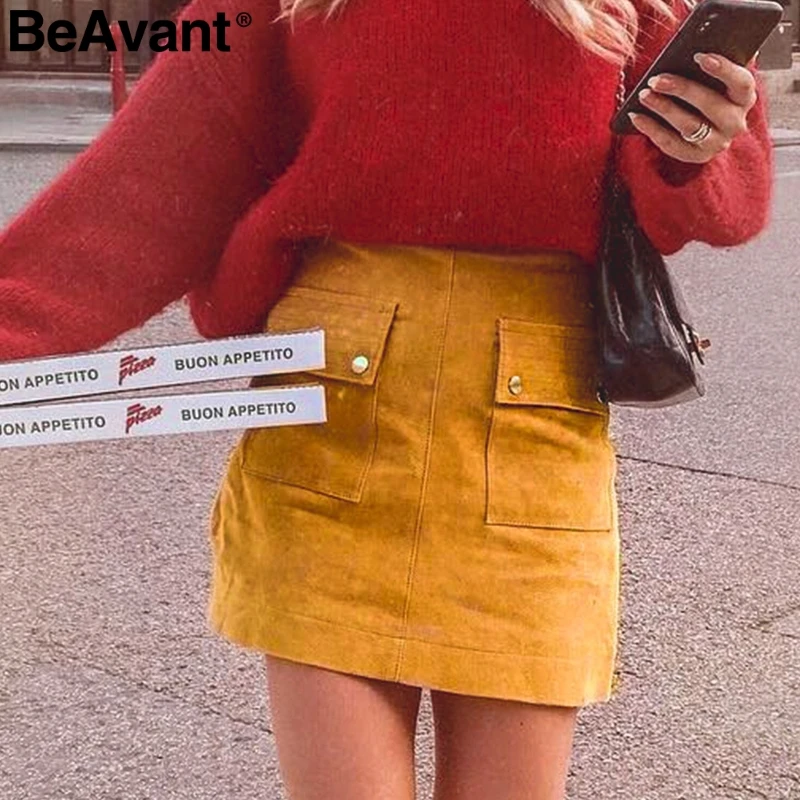 

BeAvant Vintage pockets mini skirt women High waist yellow slim female a line skirts Fashion buttons streetwear ladies skirts