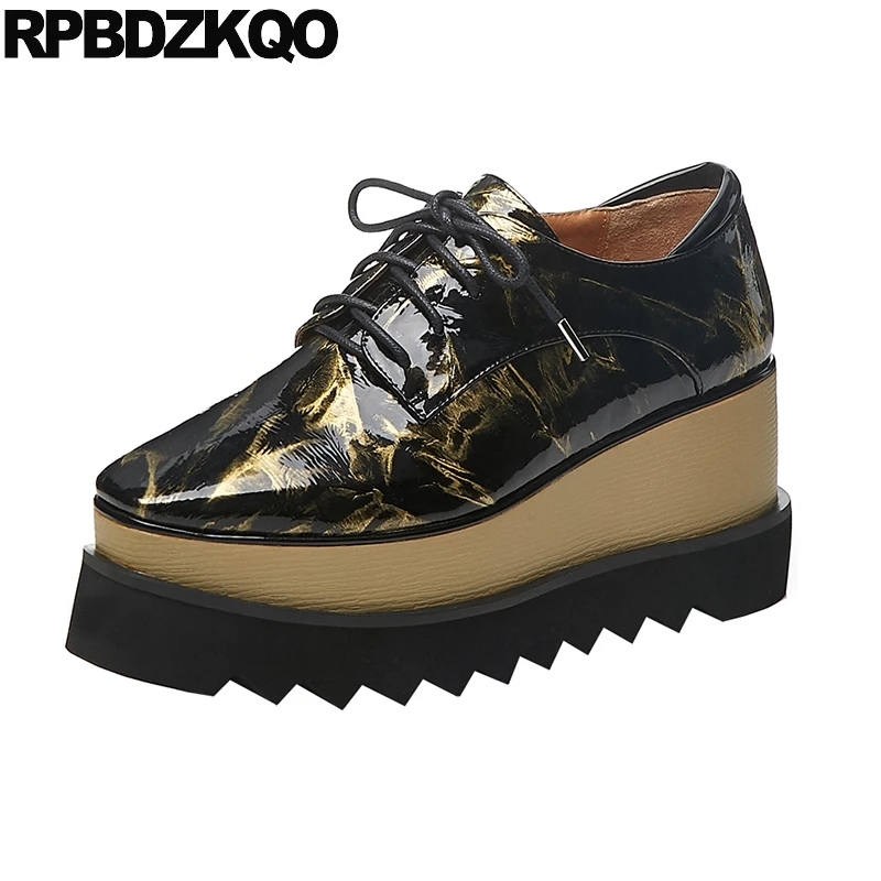 

genuine leather metallic patent platform graffiti black british style creepers square toe wedge designer shoes women luxury 2019