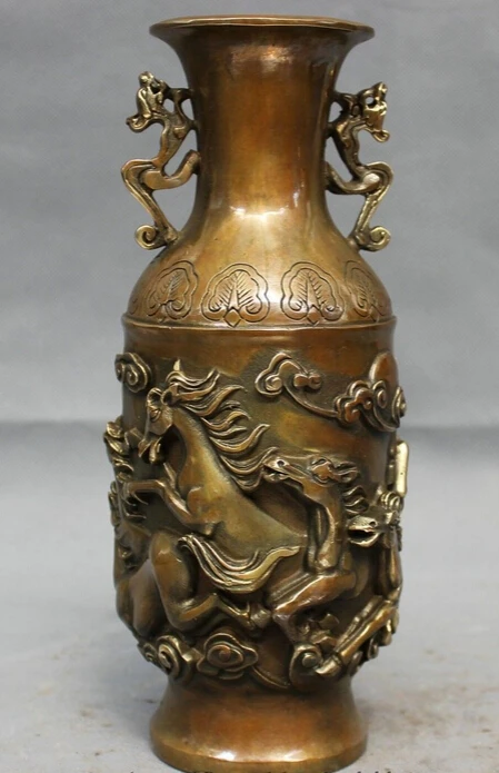 

xd 002085 10" Chinese Copper Bronze Home Folk FengShui Unircorn Run Horse Statue Pot Vase