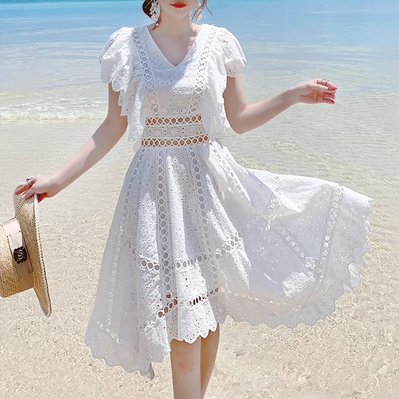 Elegante vestido de encaje bordado para mujer, para playa, con agujeros,  cuello en V, sin mangas, volantes, blanco, para verano, Sexy, para fiesta,  Irregular|Dresses| - AliExpress