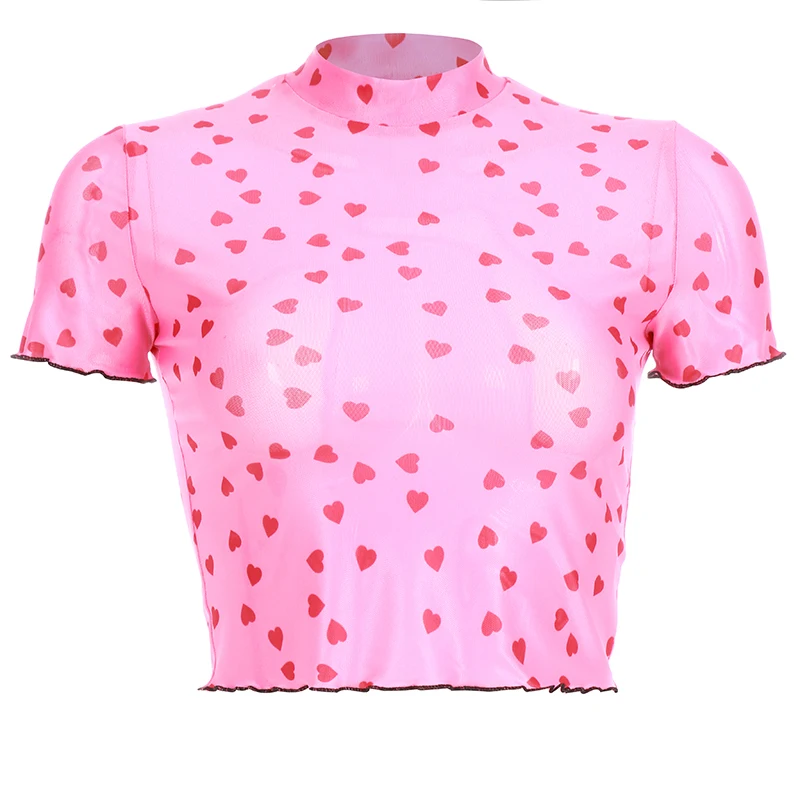 Darlingaga повседневный розовый милый сетчатый топ, Футболка женская с принтом сердца, прозрачная летняя футболка с коротким рукавом, топы, одежда