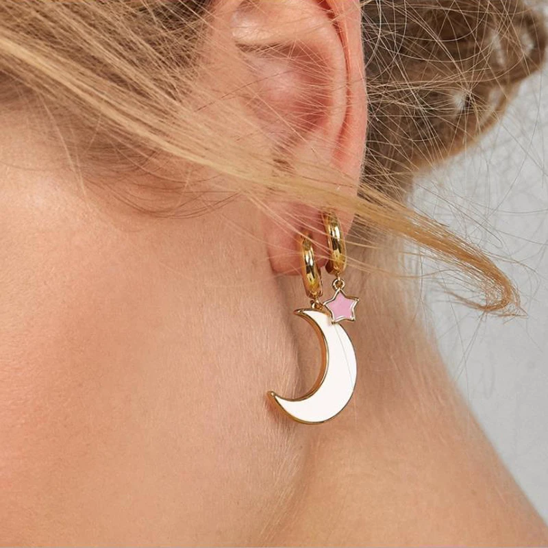 

LUNA CHIAO 2019 Summer Jewelry Trendy Enameled Moon Star Drop Earring Mini Pendant Charm Earrings for Women