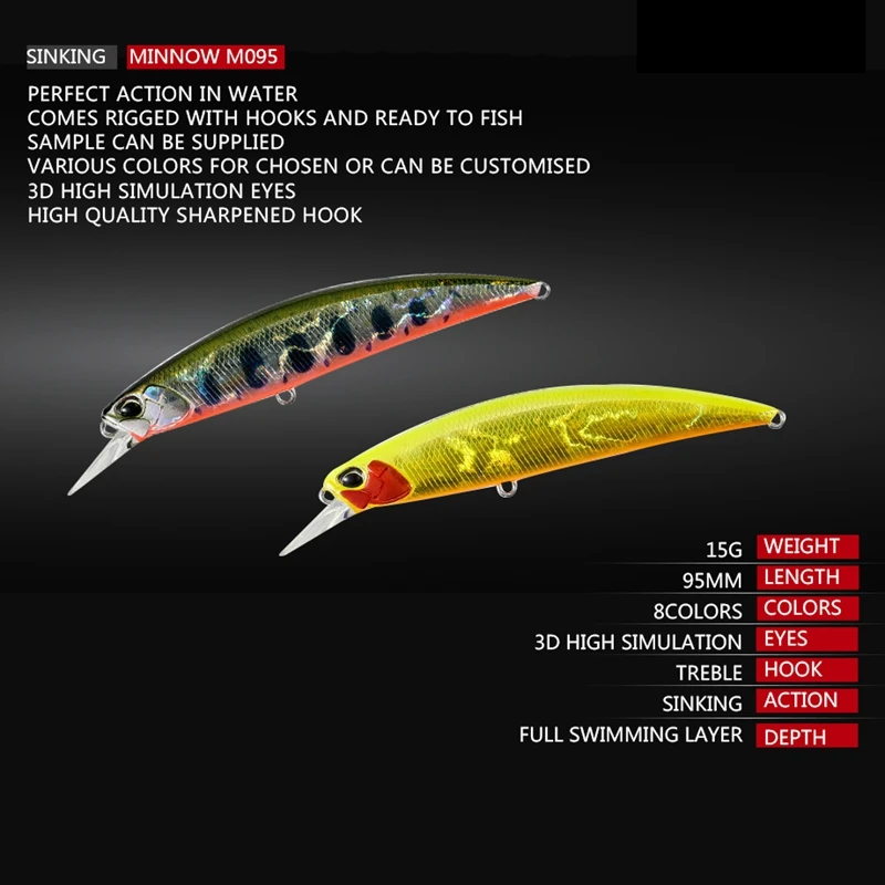  8Pcs Minnow Fishing Lures Set 15g 95mm Full swimming layer Long Casting Minnow Floating Hard Bait L