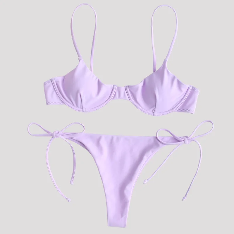 Секси галстук комплект бикини купальники Для женщин купальник, пуш-ап, с галстуком-бабочкой повязки сексуальный ванный комплект бикини Для женщин, бикини, пляжная одежда Femme - Цвет: Фиолетовый