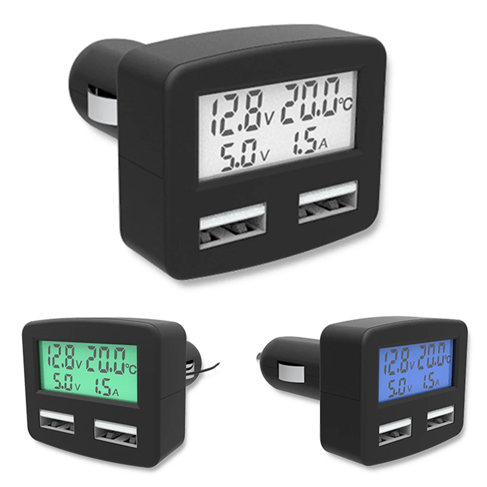 DC 5V Universal 5 in1 Dual USB Ports LCD Display Car Charger Phone Charger with Temperature Voltage Current Auto Accessories