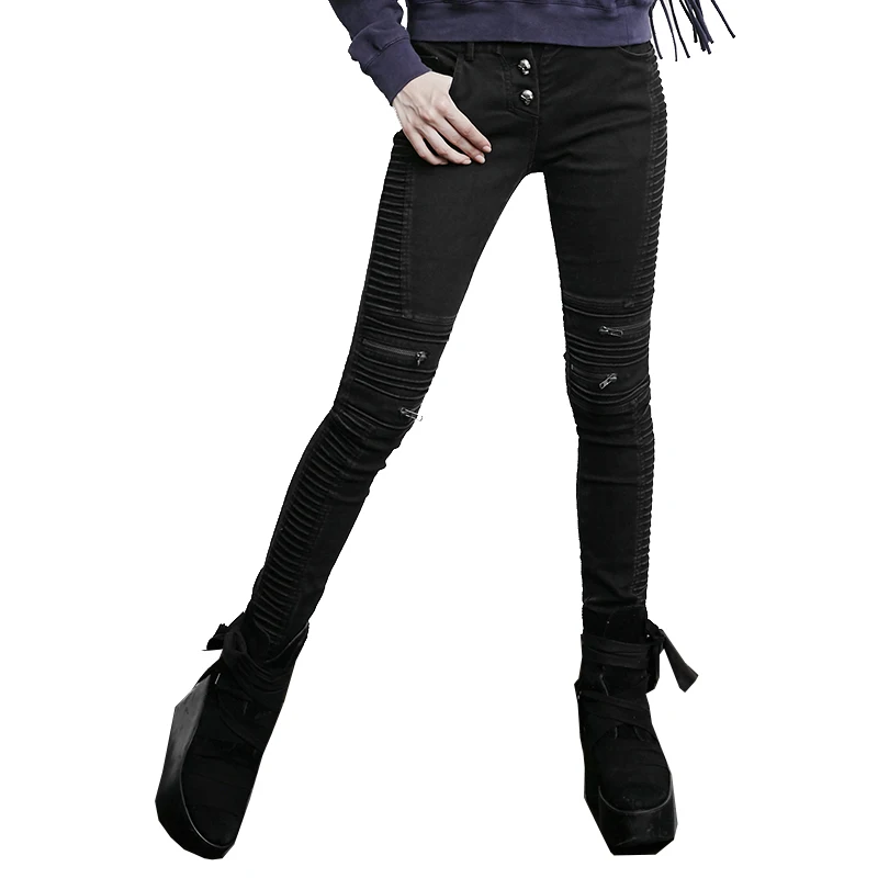 

Gothic Black Do Old Denim Bony Vintage Skinny Women Jeans Punk Winter Cotton Slacks Zip Fold High Elasticity Low Waist Pants