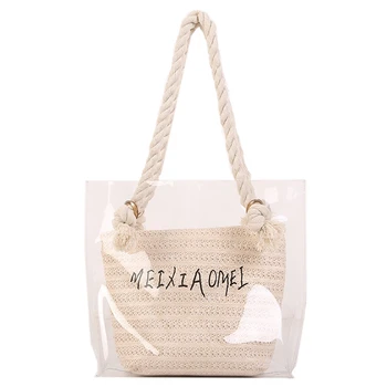 

LJL-Handbag Women Fashion Simple Transparent Letter Large-Capacity Shoulder Bag Pure Color Straw