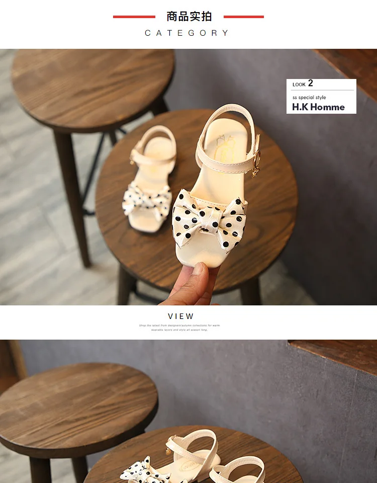 Kindersandalen/ Летние босоножки в горошек для больших девочек; цвет белый, черный; с бантом; для принцессы 12 лет