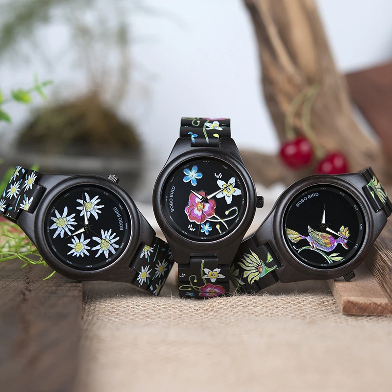 BOBO BIRD Fashionable Embroidery Series Mens Watch Broderie Dial All Ebony Wood Watches in Wooden Gift box